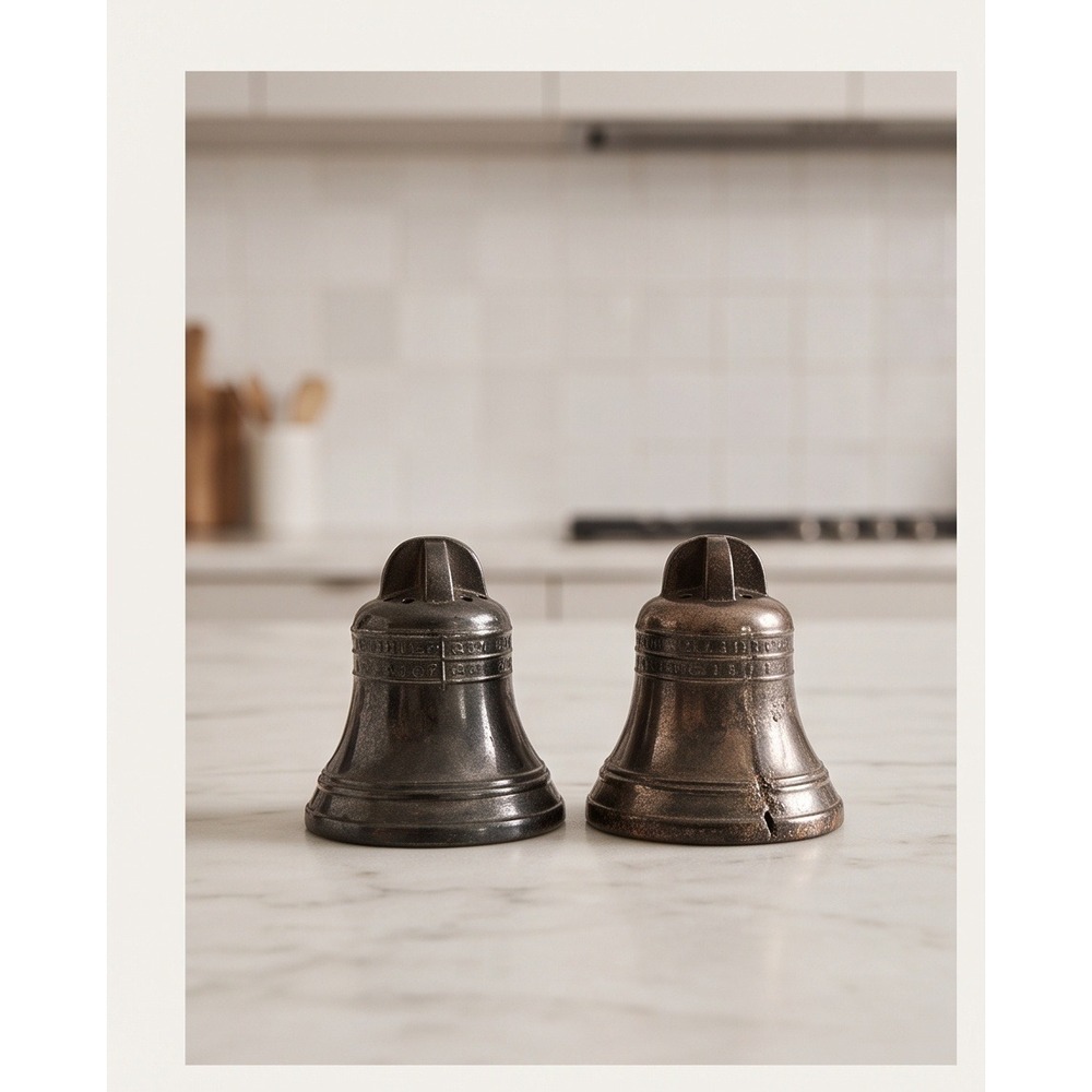 Blecher Vintage Liberty Bell Salt & Pepper Shakers Pewter Metal Pair 2 Inch